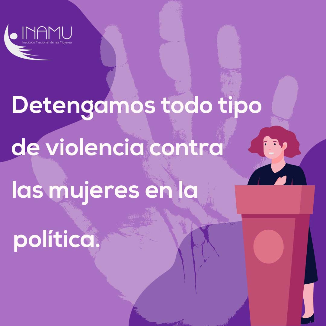 Una mujer en un podio con la frase detengamos la violencia contra las mujeres en la política