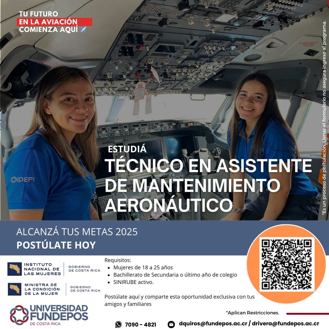 2 muchachas jóvenes sonriendo dentro de una cabina de avión invitando a chicas entre 18 y 25 años para que estudien un técnico en asistente de mantenimiento aeronáutico