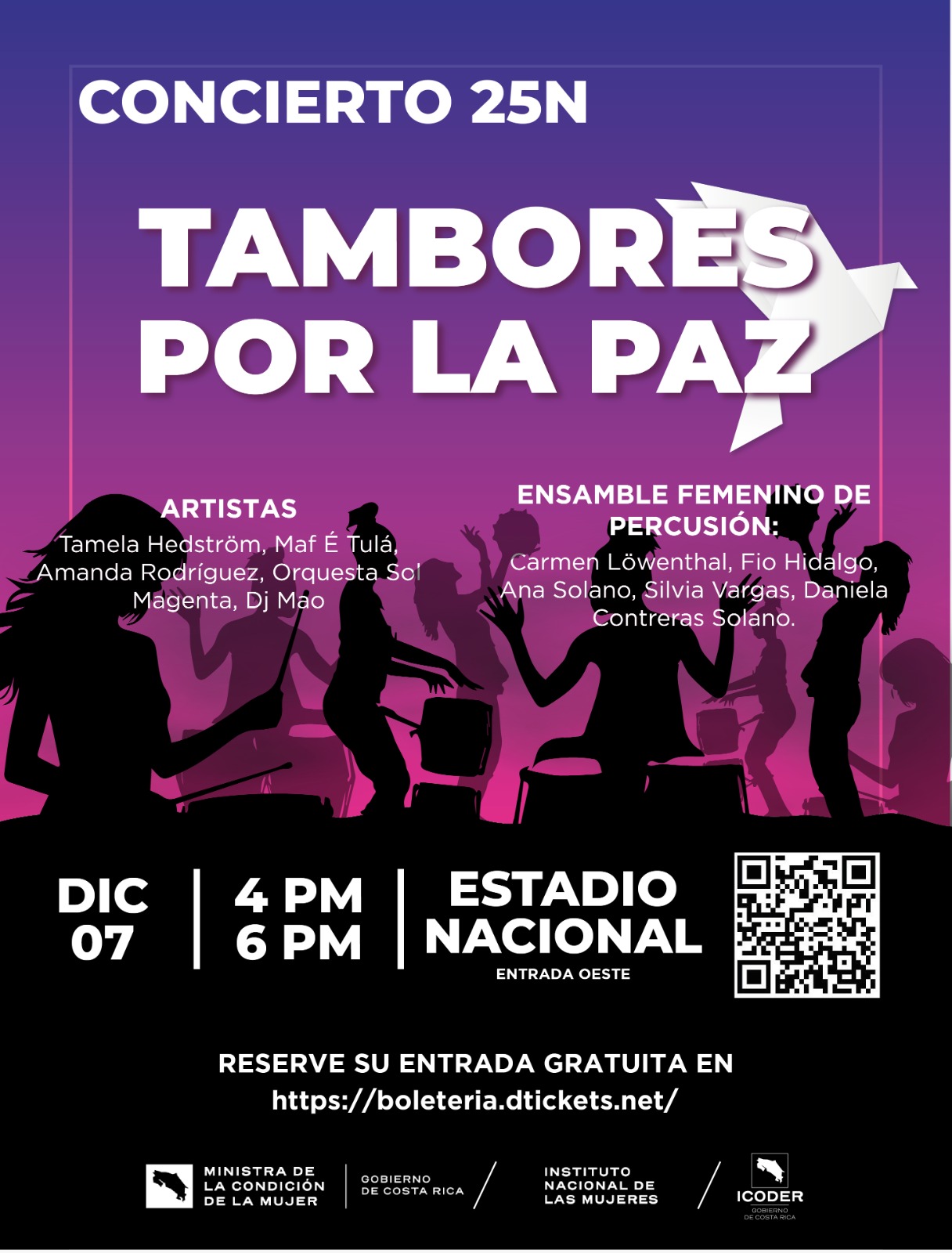 Invitación al evento tambores por la paz, el 7 de diciembre de 4:00 a.m. a 6:00 p.m. en el Estadio Nacional entrada gratuita